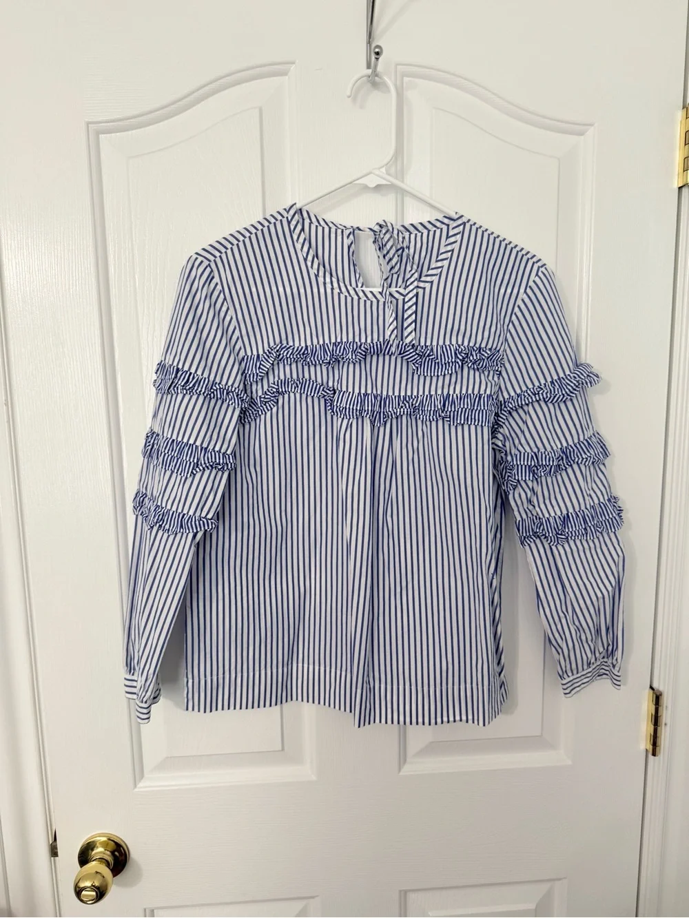 JCrew Blue and White Striped Ruffle Sleeve Blouse
